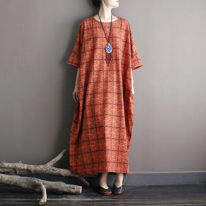 Oversize Plaid Printed Dress,Loose Casual Boat neck Cotton Dress Plus size