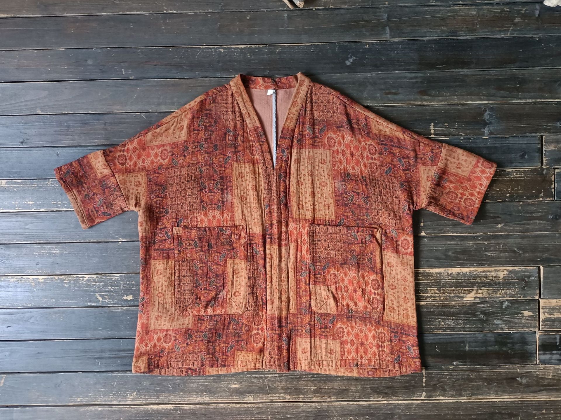 Loose printed cotton kimono, vintage cotton linen jacket