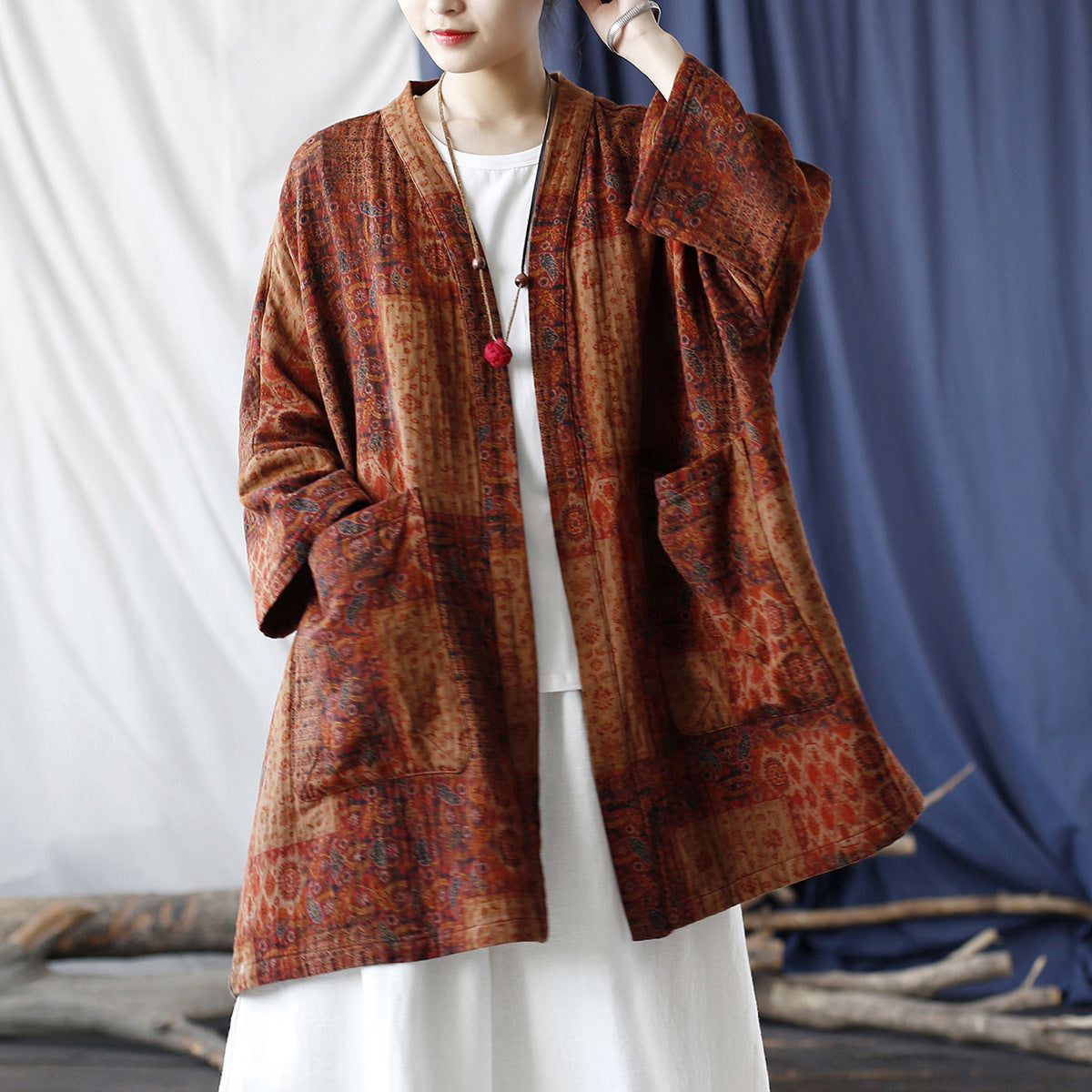 Loose printed cotton kimono, vintage cotton linen jacket