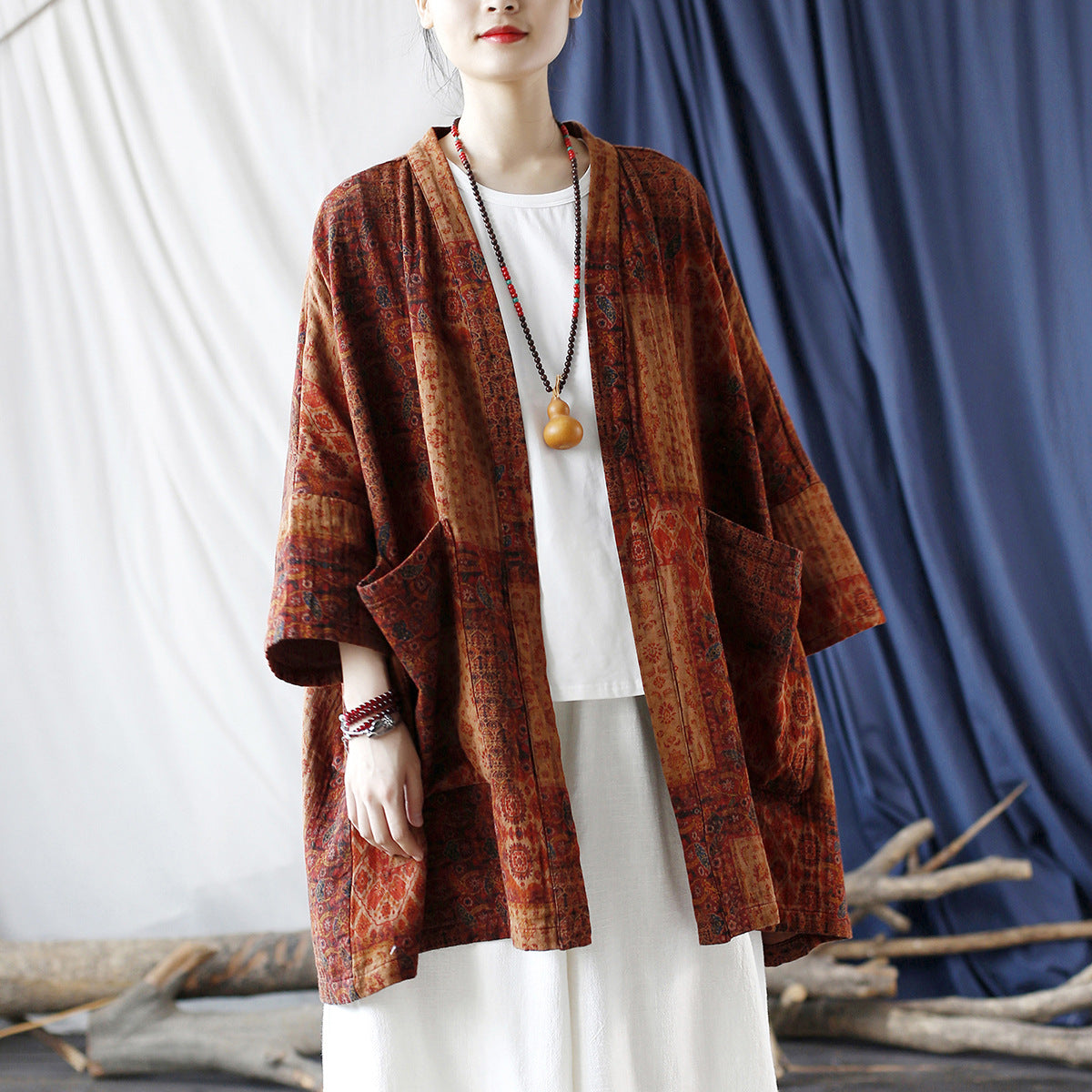 Loose printed cotton kimono, vintage cotton linen jacket