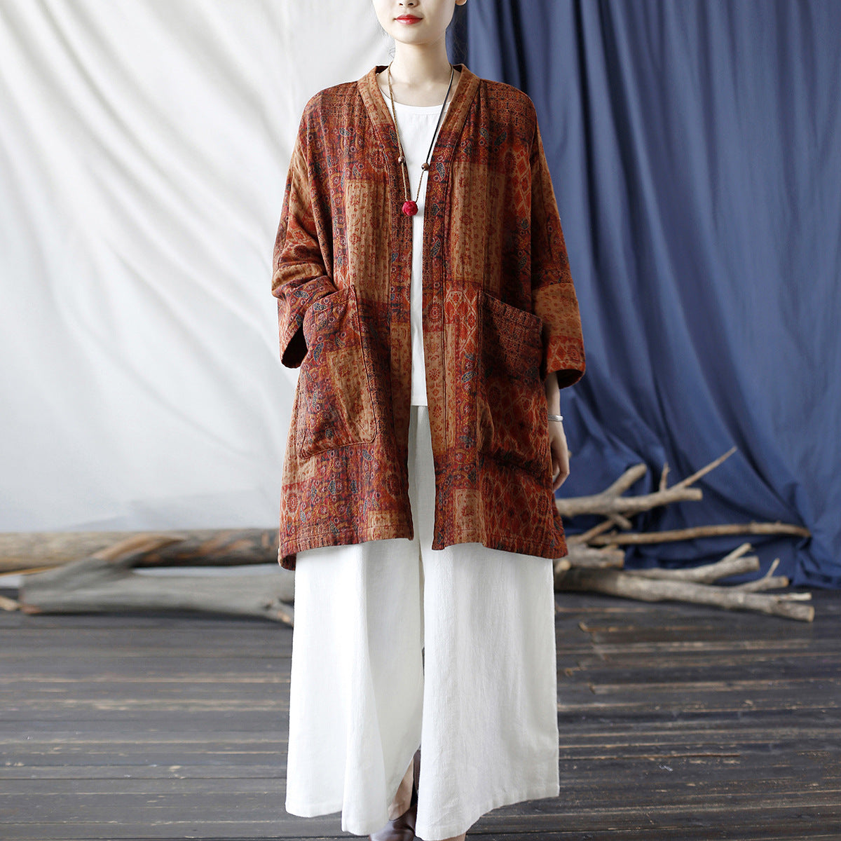 Loose printed cotton kimono, vintage cotton linen jacket