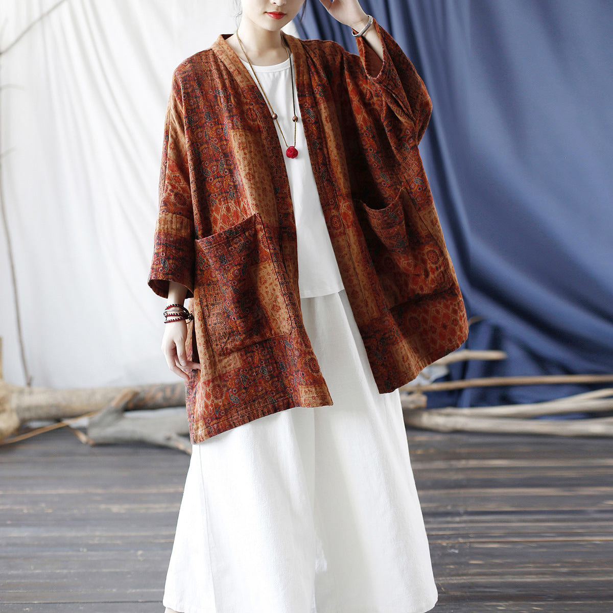 Loose printed cotton kimono, vintage cotton linen jacket