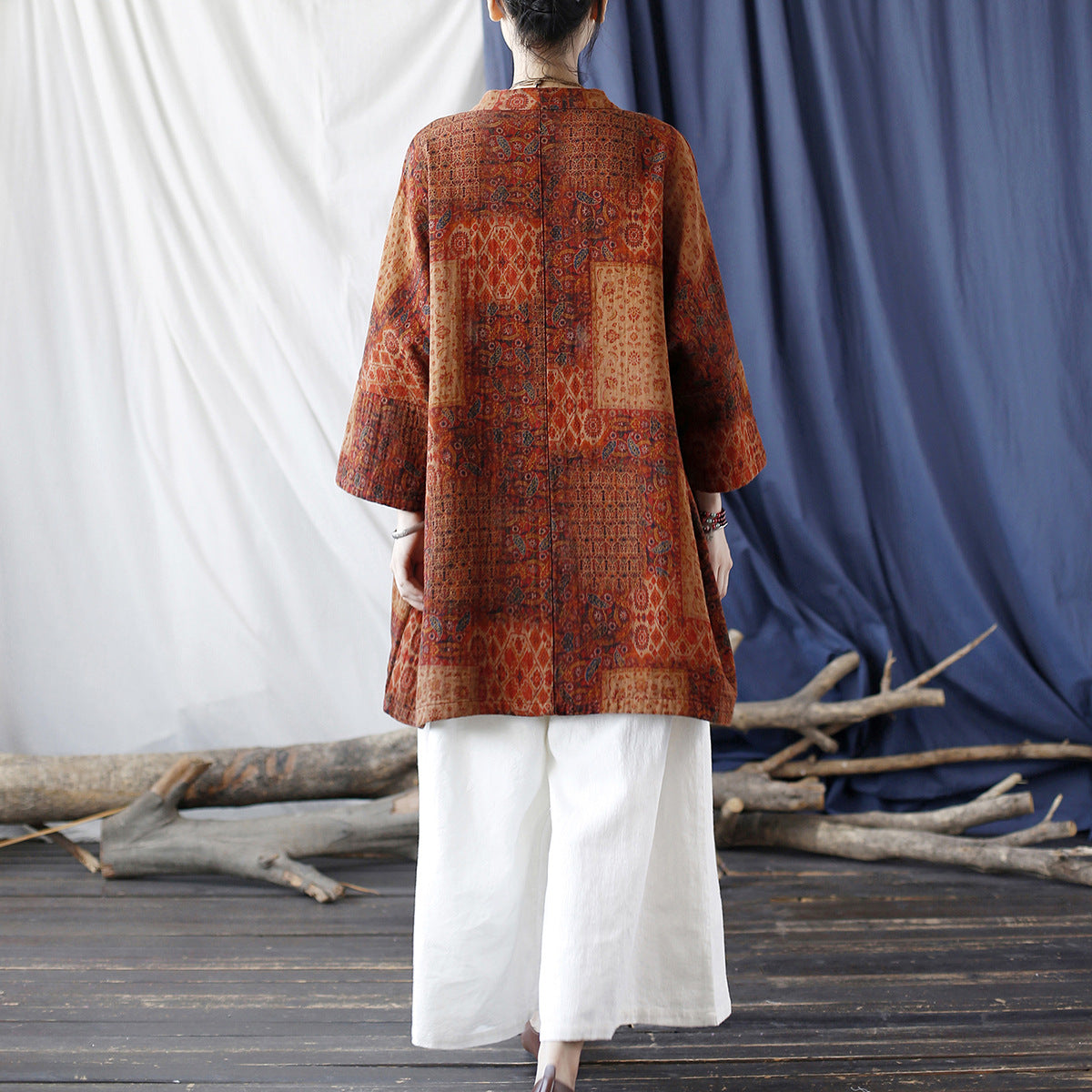 Loose printed cotton kimono, vintage cotton linen jacket