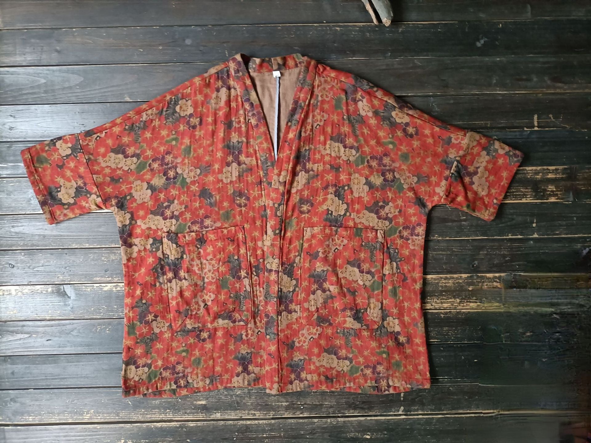 Red Loose Printed Cotton Kimono, Vintage Cotton Jacket