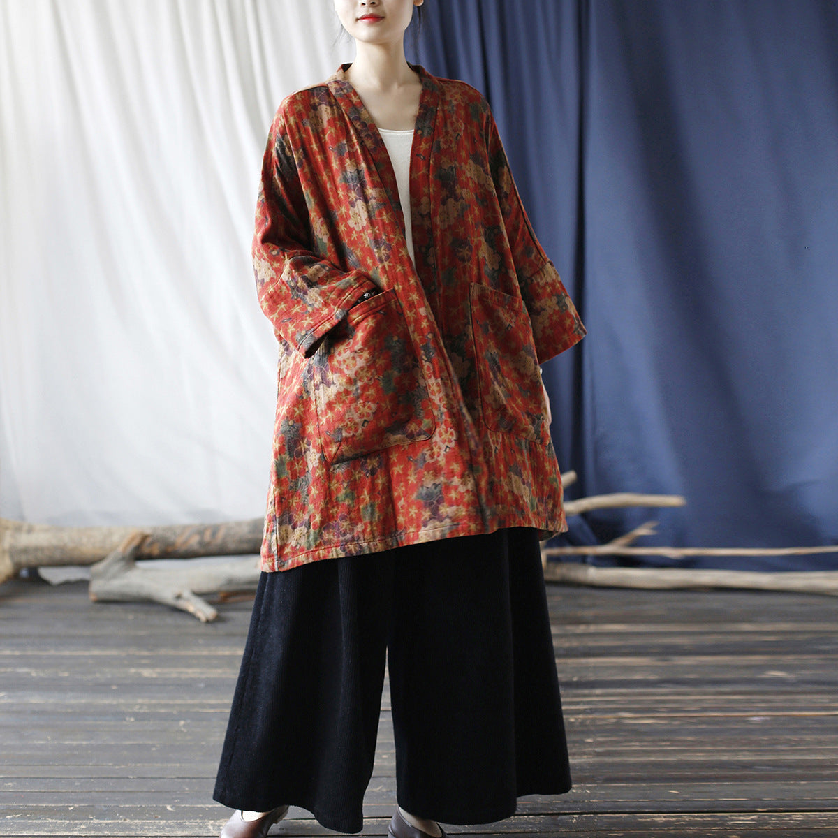 Red Loose Printed Cotton Kimono, Vintage Cotton Jacket