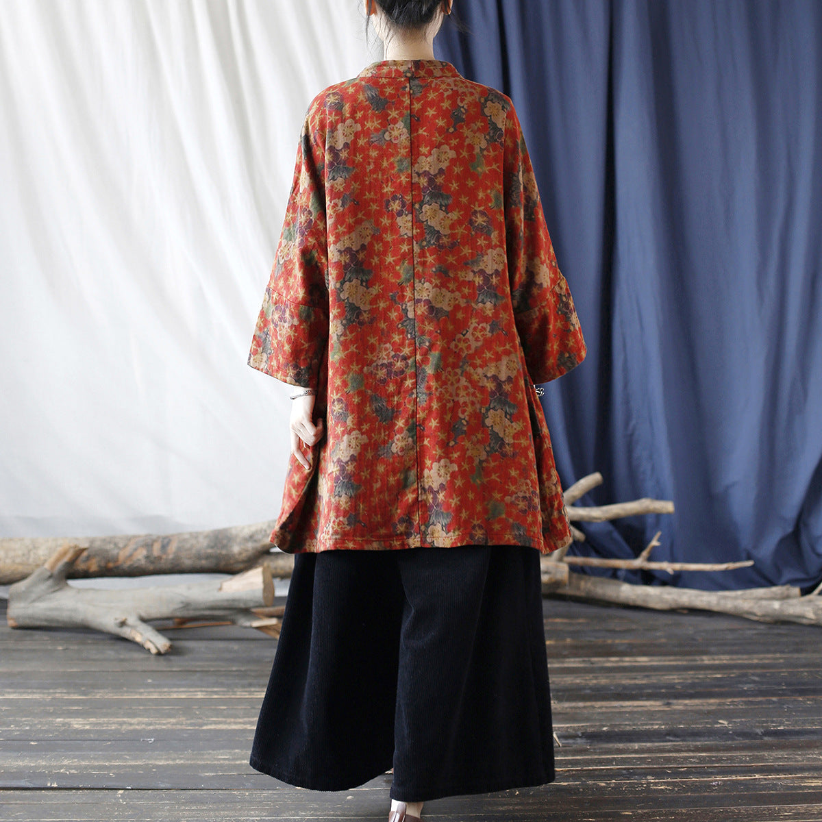 Red Loose Printed Cotton Kimono, Vintage Cotton Jacket