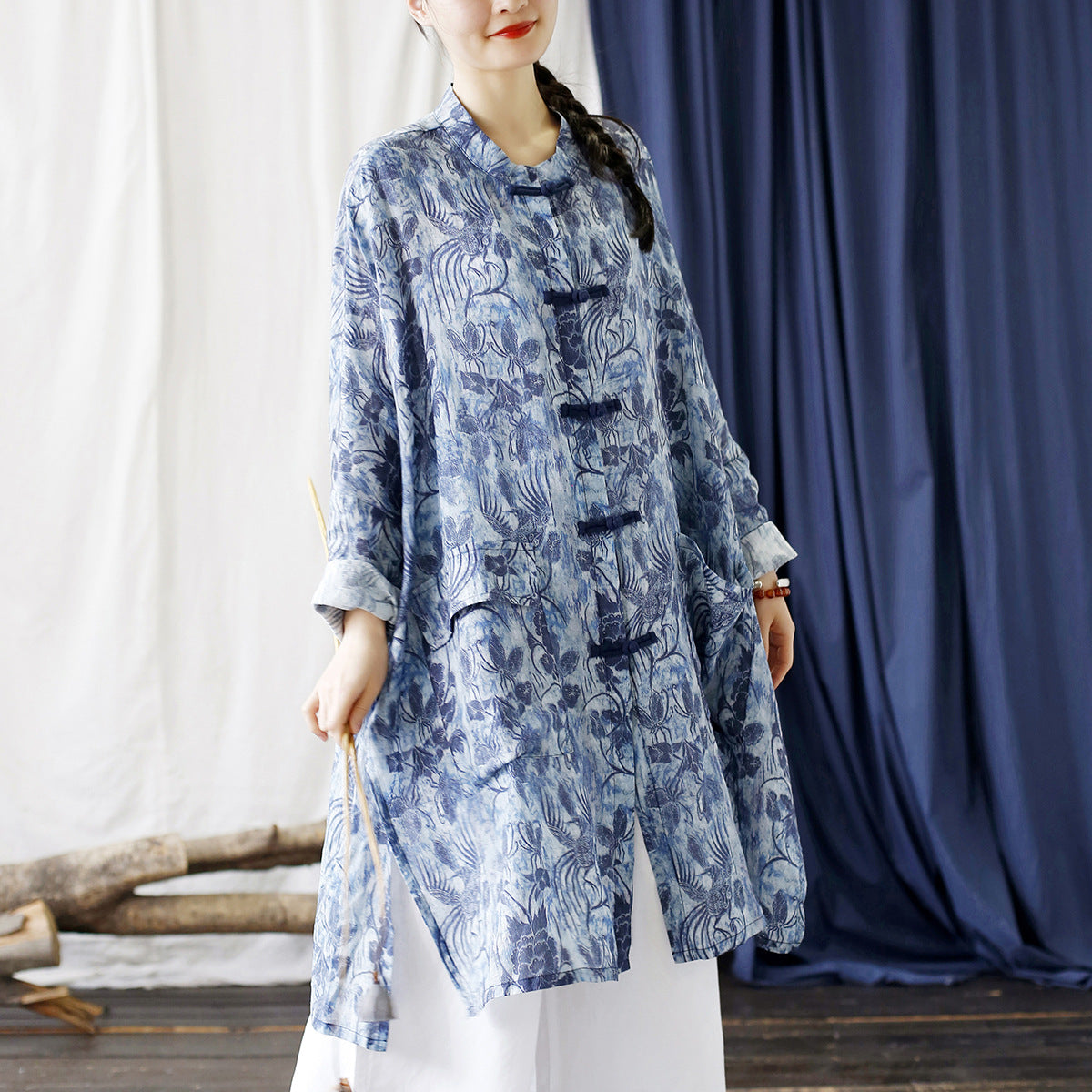 Summer Blue Botanical Printed Linen Shirt, Vintage Chinese Standing Collar Frog Button Casual Long Shirt Plus size