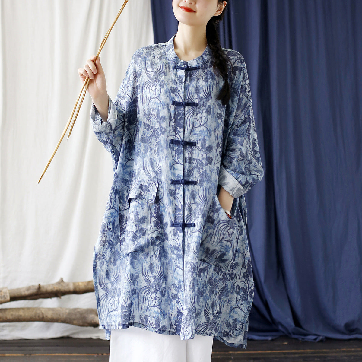 Summer Blue Botanical Printed Linen Shirt, Vintage Chinese Standing Collar Frog Button Casual Long Shirt Plus size