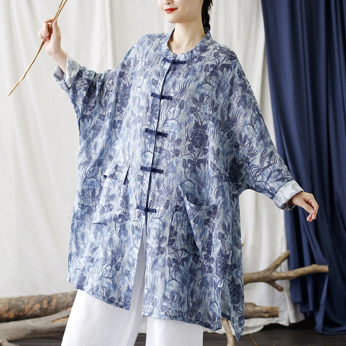 Summer Blue Botanical Printed Linen Shirt, Vintage Chinese Standing Collar Frog Button Casual Long Shirt Plus size