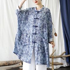 Summer Blue Botanical Printed Linen Shirt, Vintage Chinese Standing Collar Frog Button Casual Long Shirt Plus size