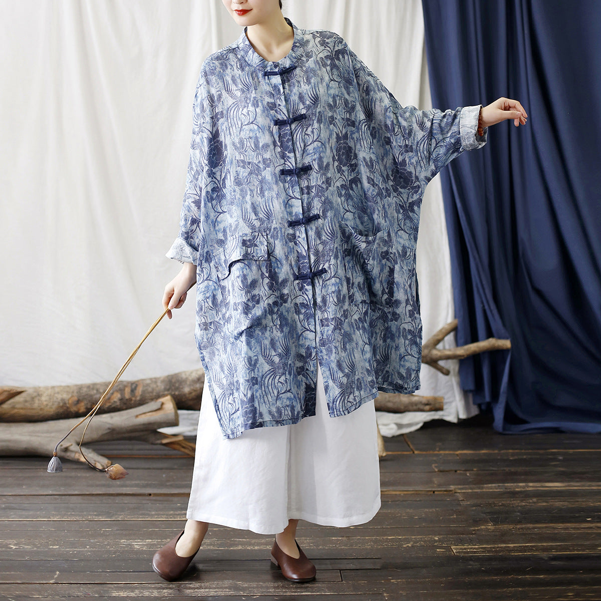 Summer Blue Botanical Printed Linen Shirt, Vintage Chinese Standing Collar Frog Button Casual Long Shirt Plus size