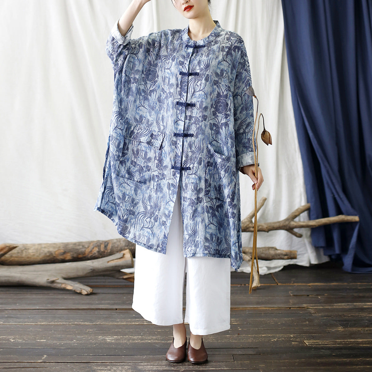 Summer Blue Botanical Printed Linen Shirt, Vintage Chinese Standing Collar Frog Button Casual Long Shirt Plus size