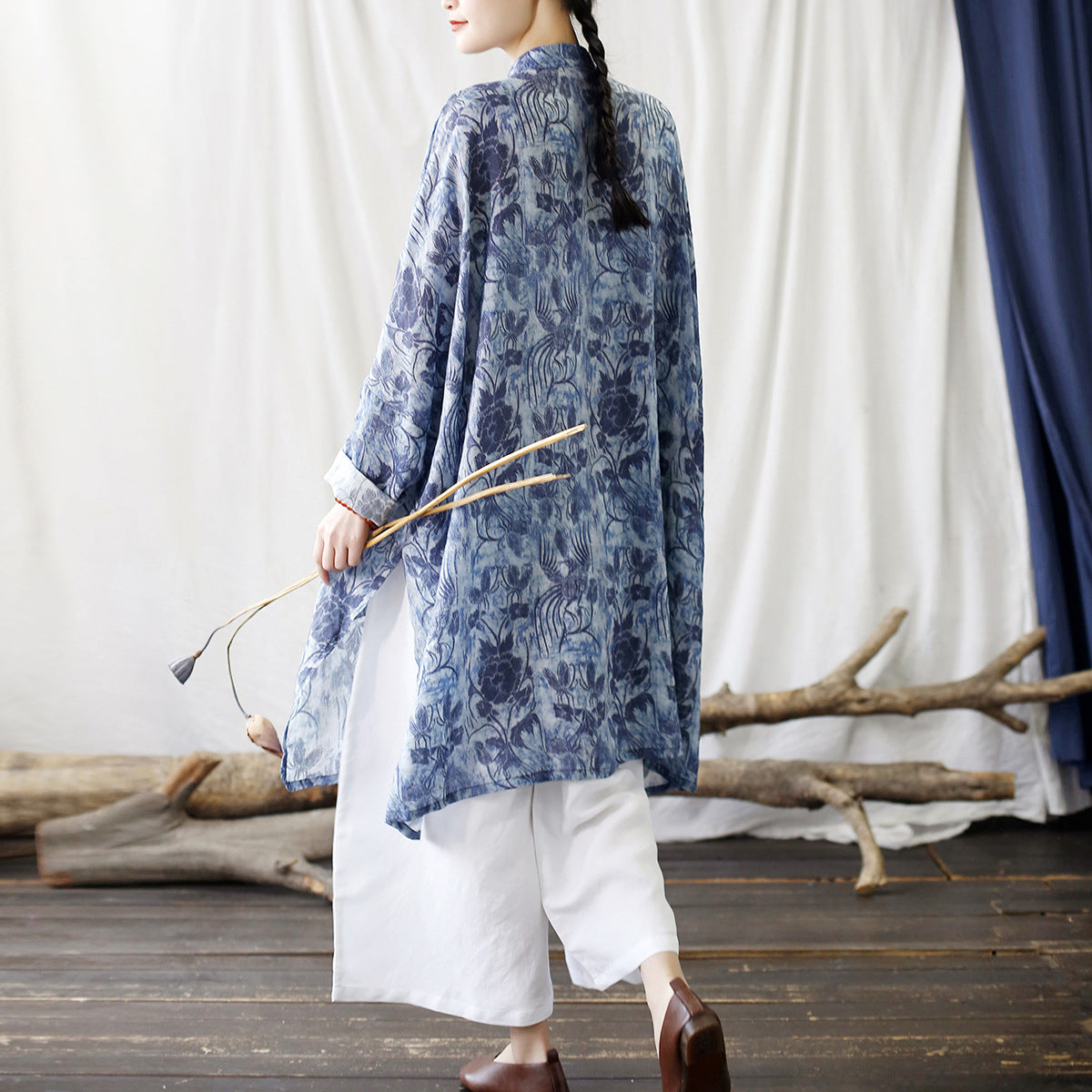 Summer Blue Botanical Printed Linen Shirt, Vintage Chinese Standing Collar Frog Button Casual Long Shirt Plus size