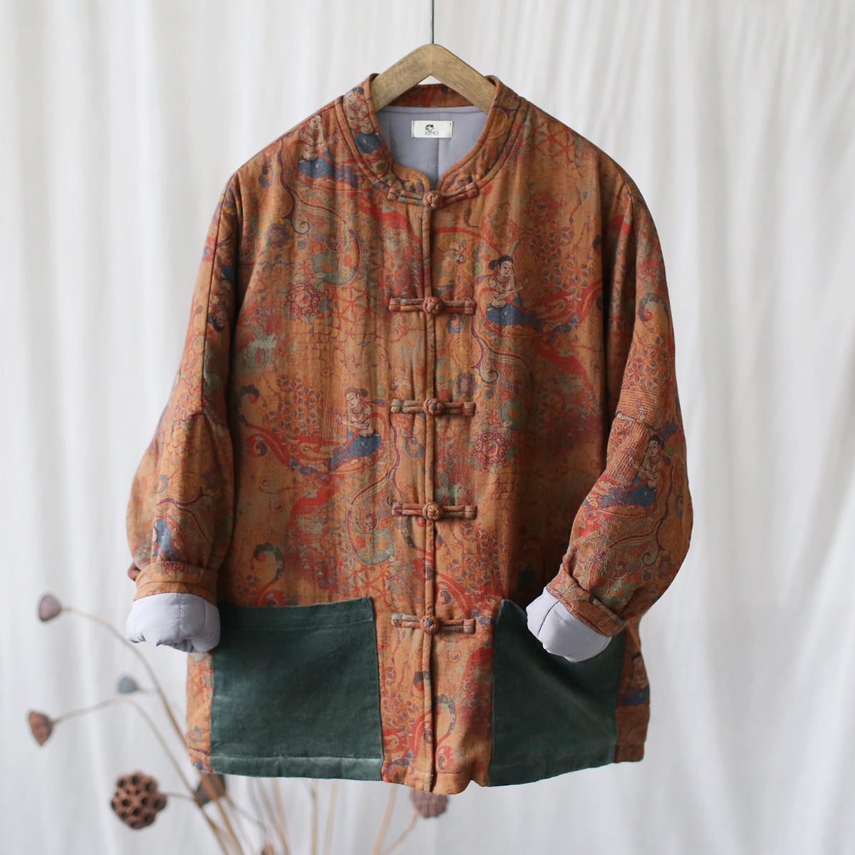 Vintage Printed Jacket, Chinese Standing Collar Cotton and Linen Jacket