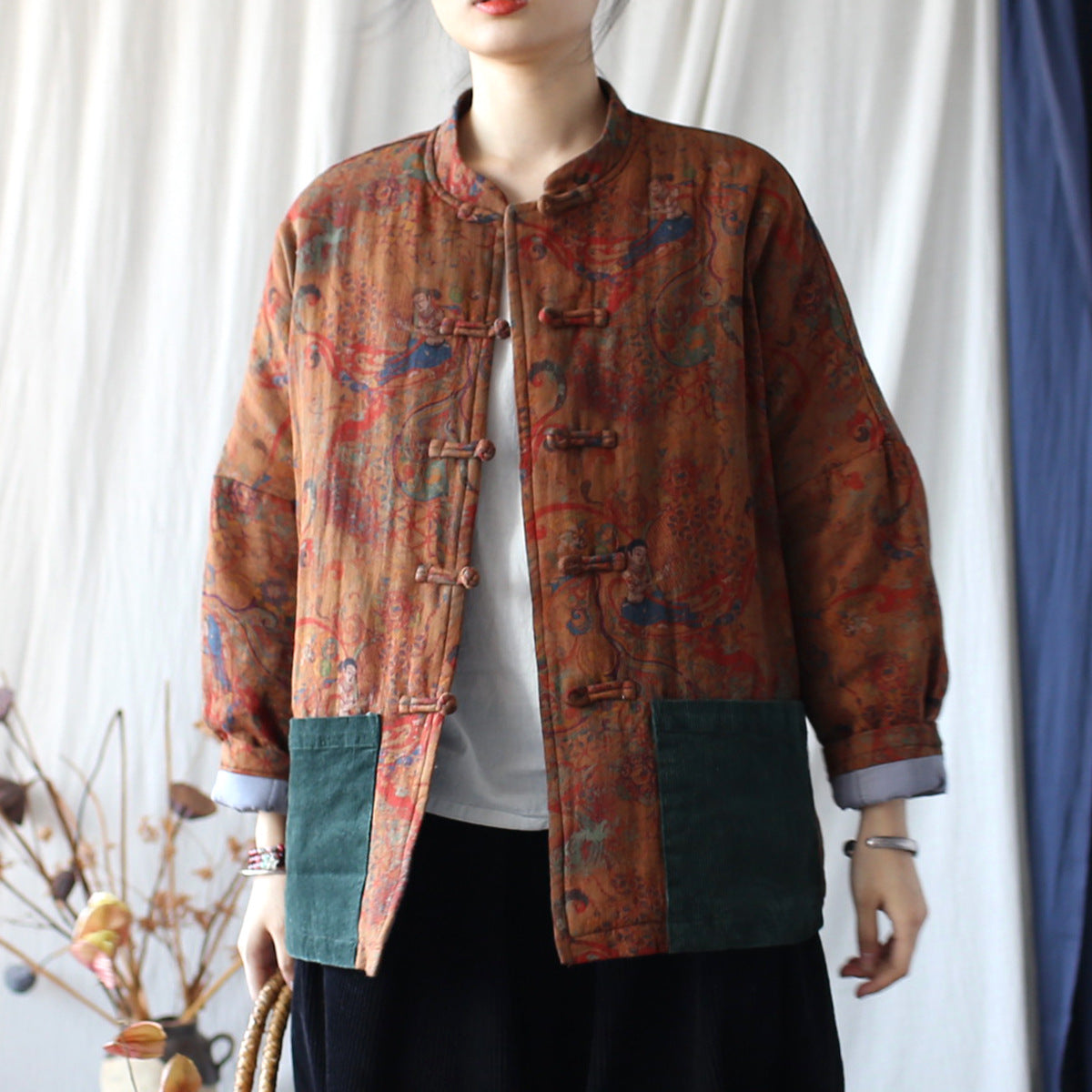 Vintage Printed Jacket, Chinese Standing Collar Cotton and Linen Jacket