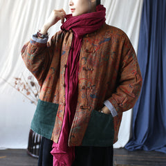 Vintage Printed Jacket, Chinese Standing Collar Cotton and Linen Jacket