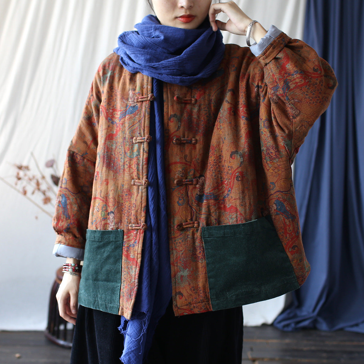 Vintage Printed Jacket, Chinese Standing Collar Cotton and Linen Jacket