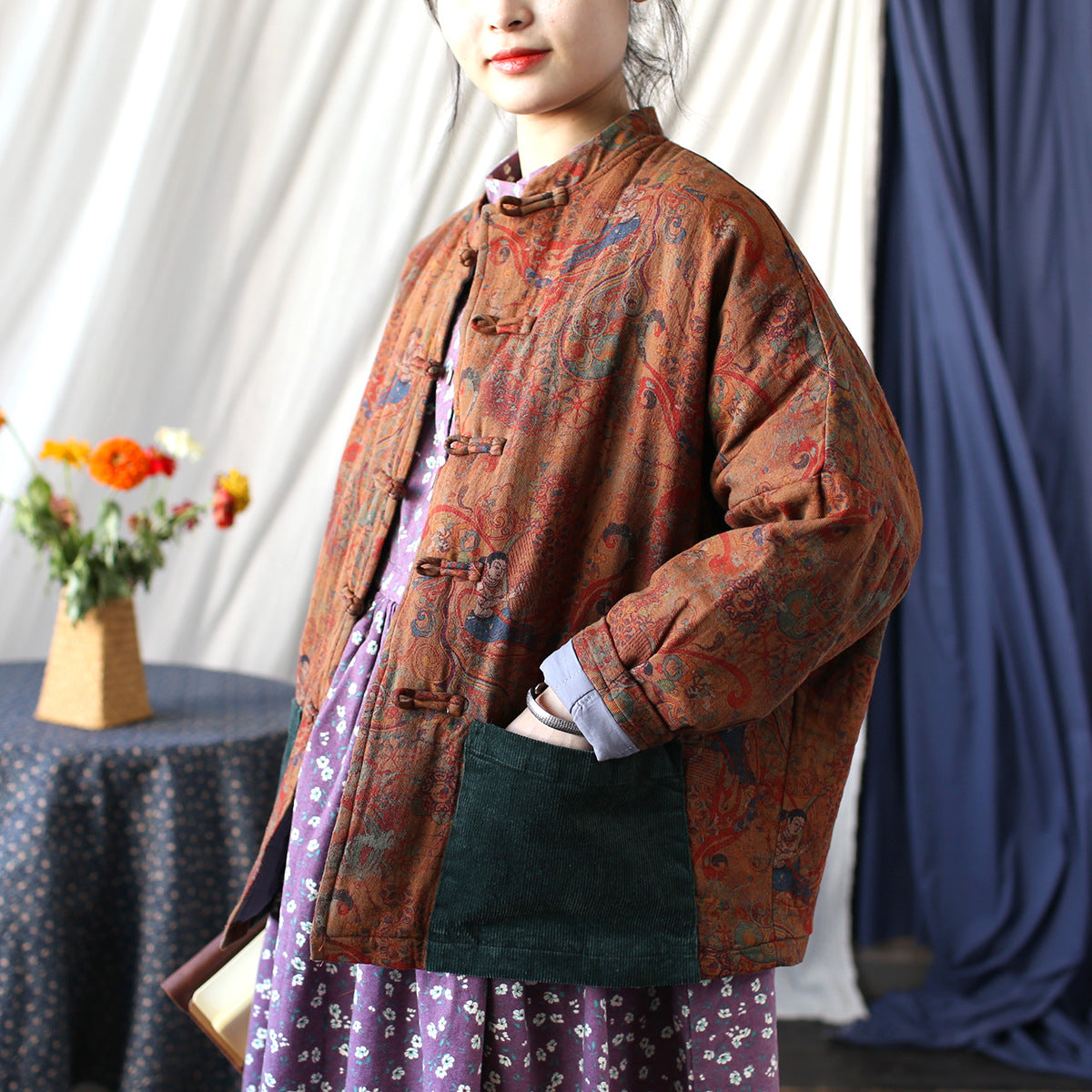 Vintage Printed Jacket, Chinese Standing Collar Cotton and Linen Jacket