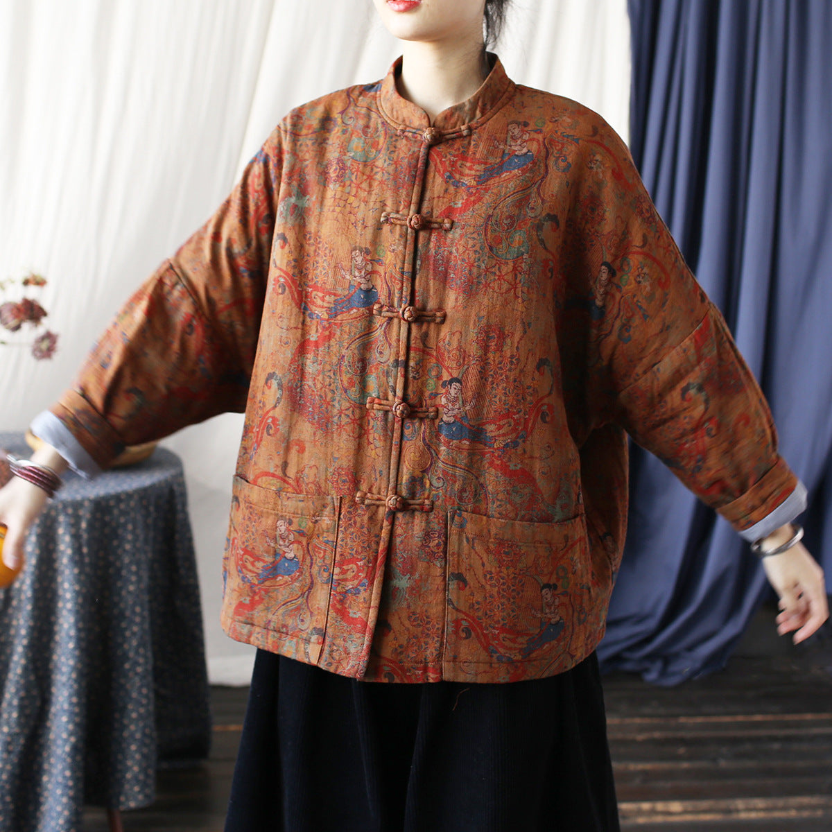 Vintage Printed Jacket, Chinese Standing Collar Cotton and Linen Jacket