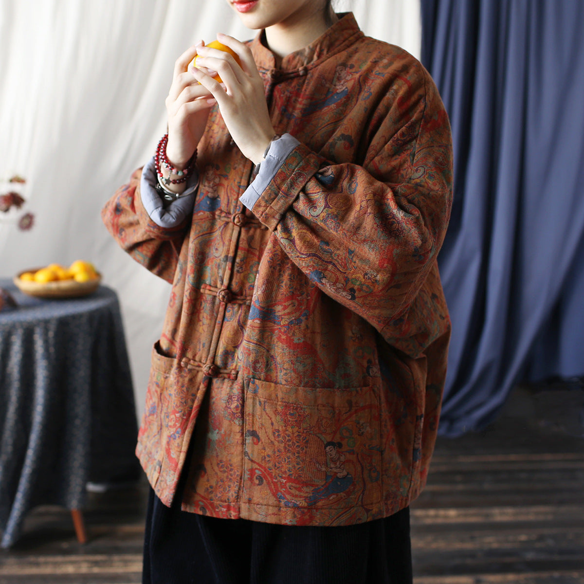 Vintage Printed Jacket, Chinese Standing Collar Cotton and Linen Jacket