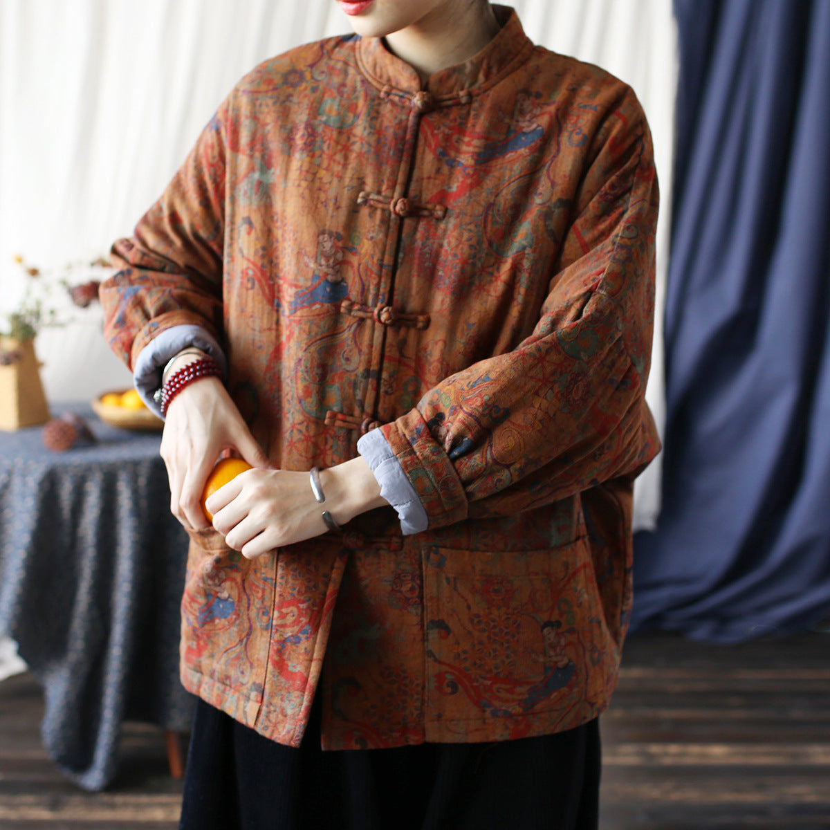 Vintage Printed Jacket, Chinese Standing Collar Cotton and Linen Jacket