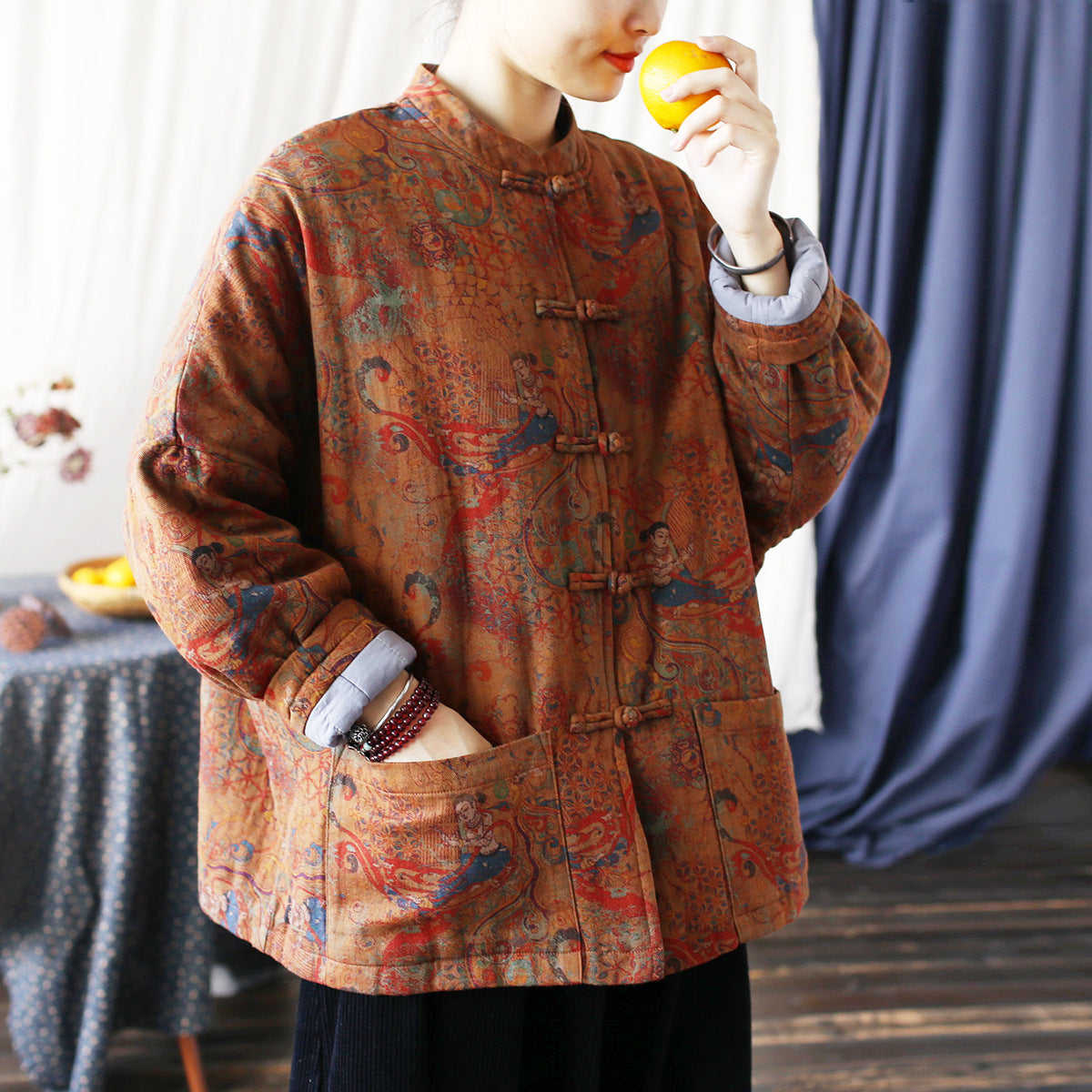 Vintage Printed Jacket, Chinese Standing Collar Cotton and Linen Jacket