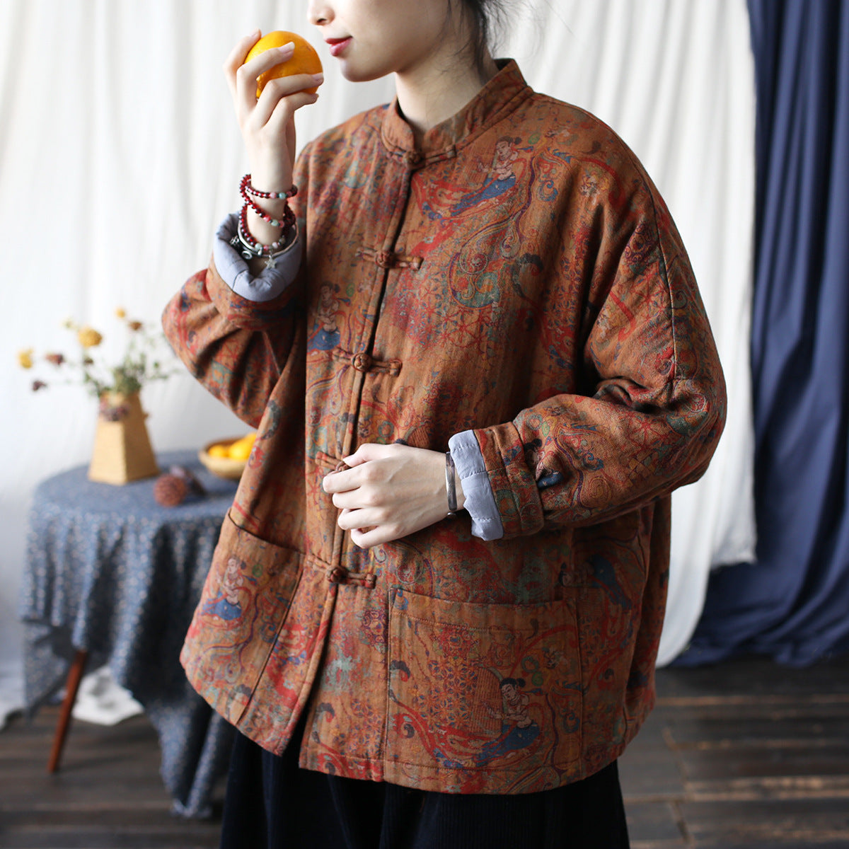 Vintage Printed Jacket, Chinese Standing Collar Cotton and Linen Jacket