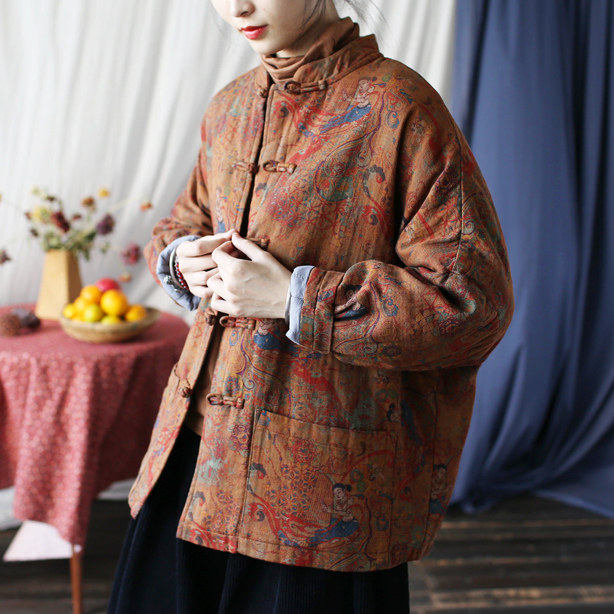 Vintage Printed Jacket, Chinese Standing Collar Cotton and Linen Jacket