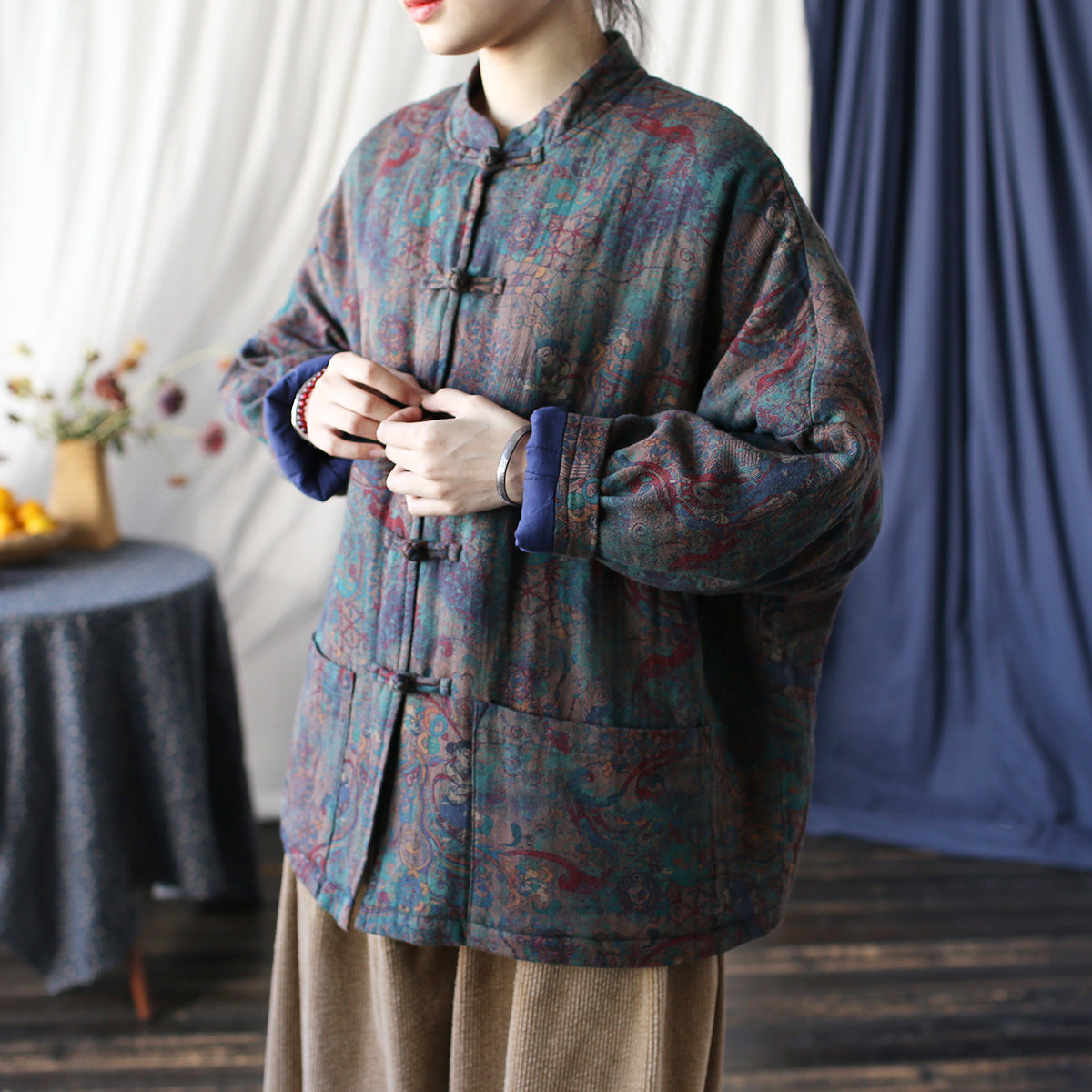 Vintage Printed Jacket, Chinese Standing Collar Cotton and Linen Jacket