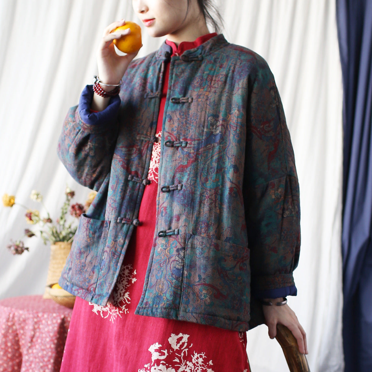 Vintage Printed Jacket, Chinese Standing Collar Cotton and Linen Jacket