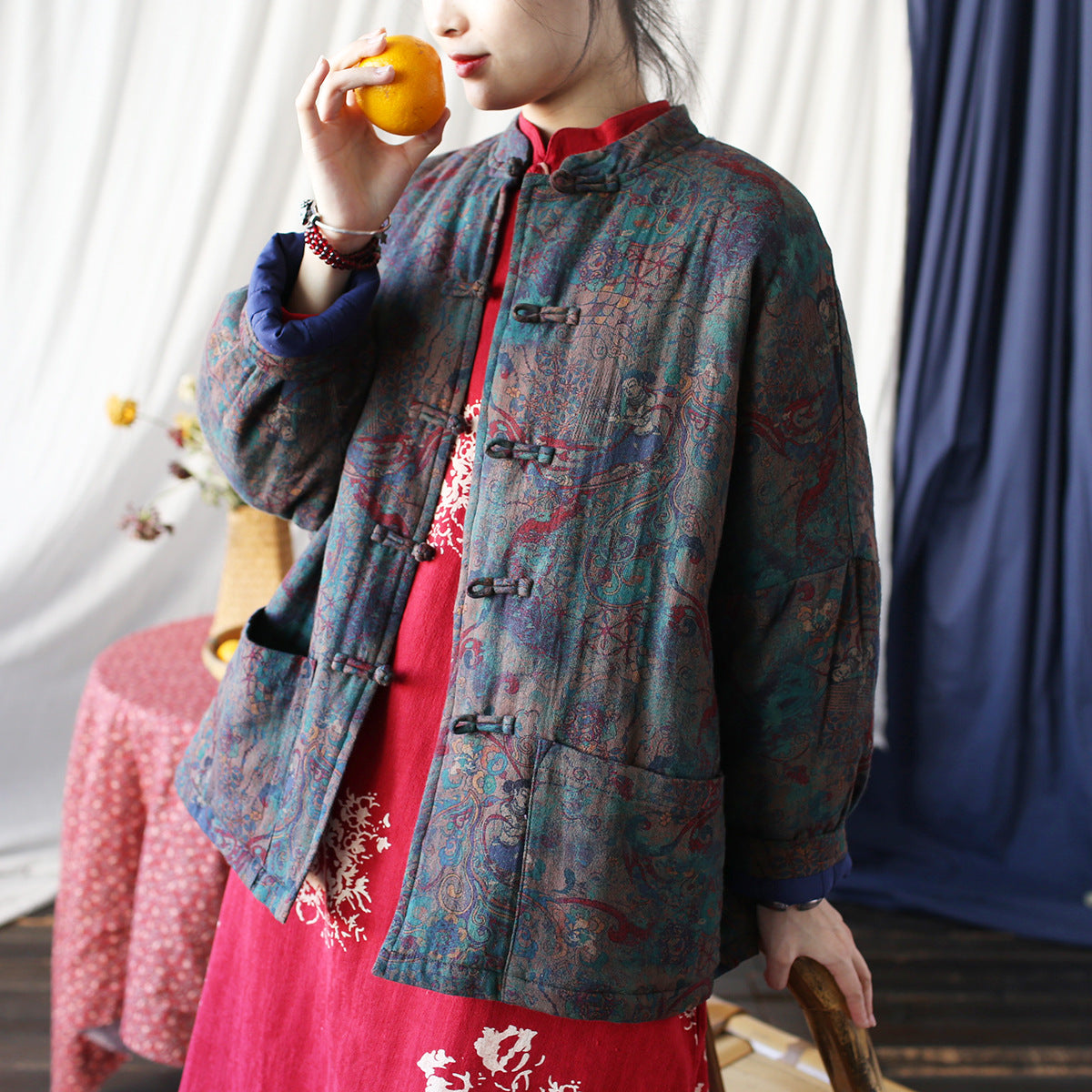 Vintage Printed Jacket, Chinese Standing Collar Cotton and Linen Jacket