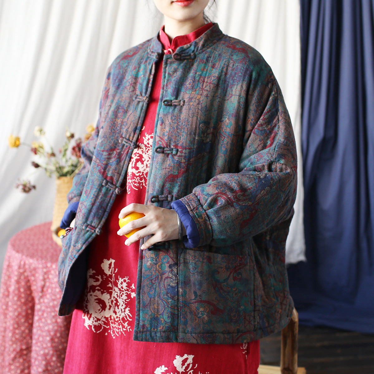 Vintage Printed Jacket, Chinese Standing Collar Cotton and Linen Jacket