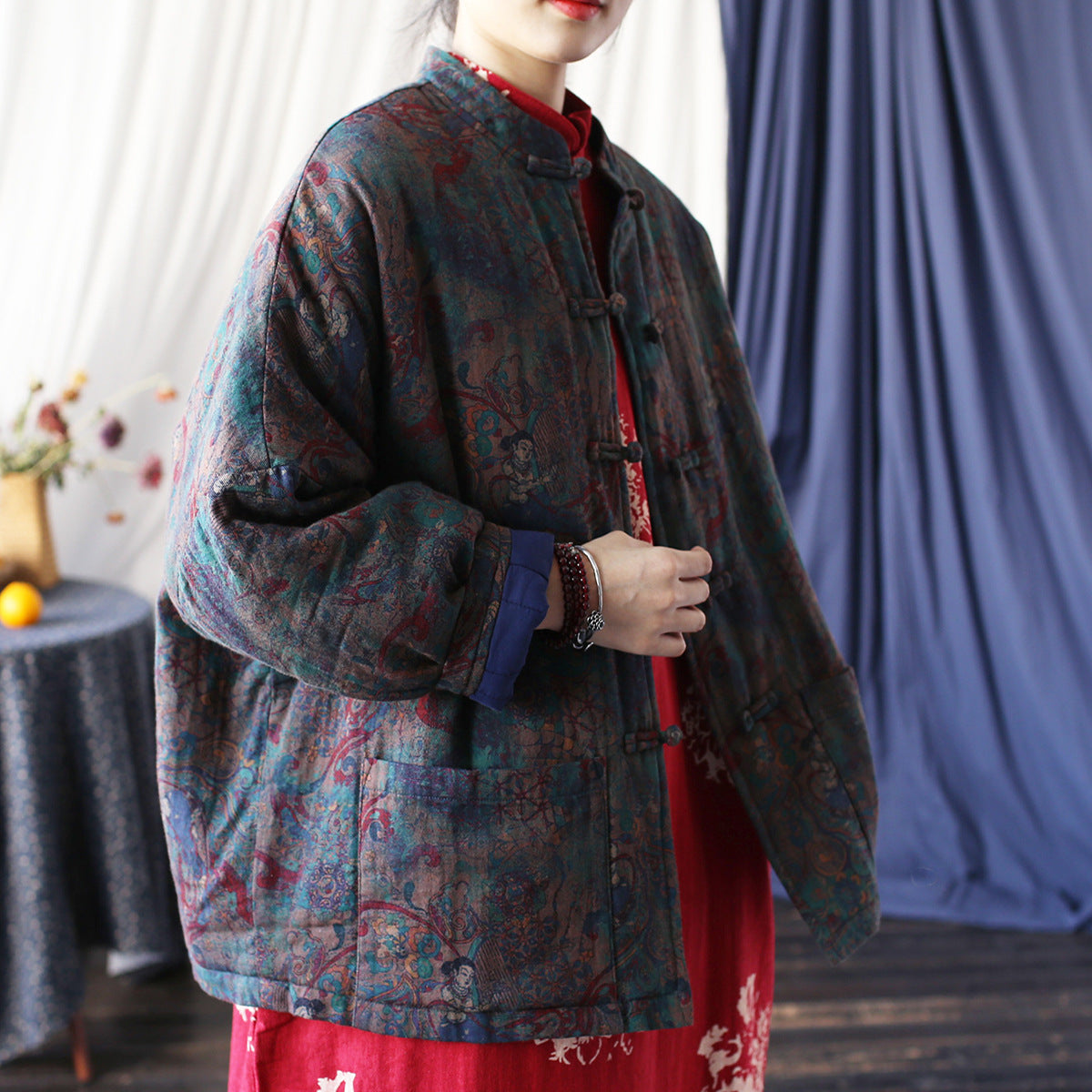 Vintage Printed Jacket, Chinese Standing Collar Cotton and Linen Jacket