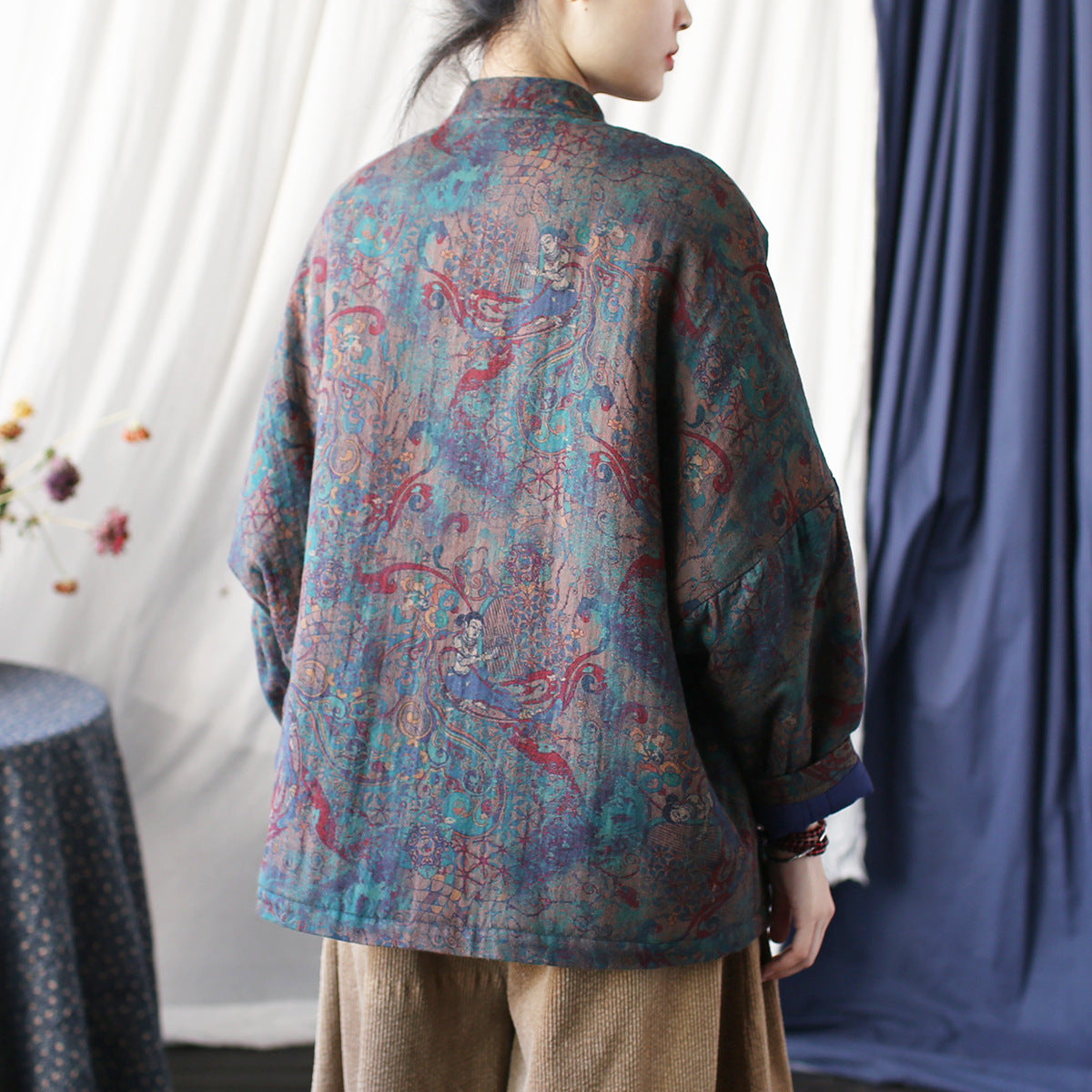 Vintage Printed Jacket, Chinese Standing Collar Cotton and Linen Jacket