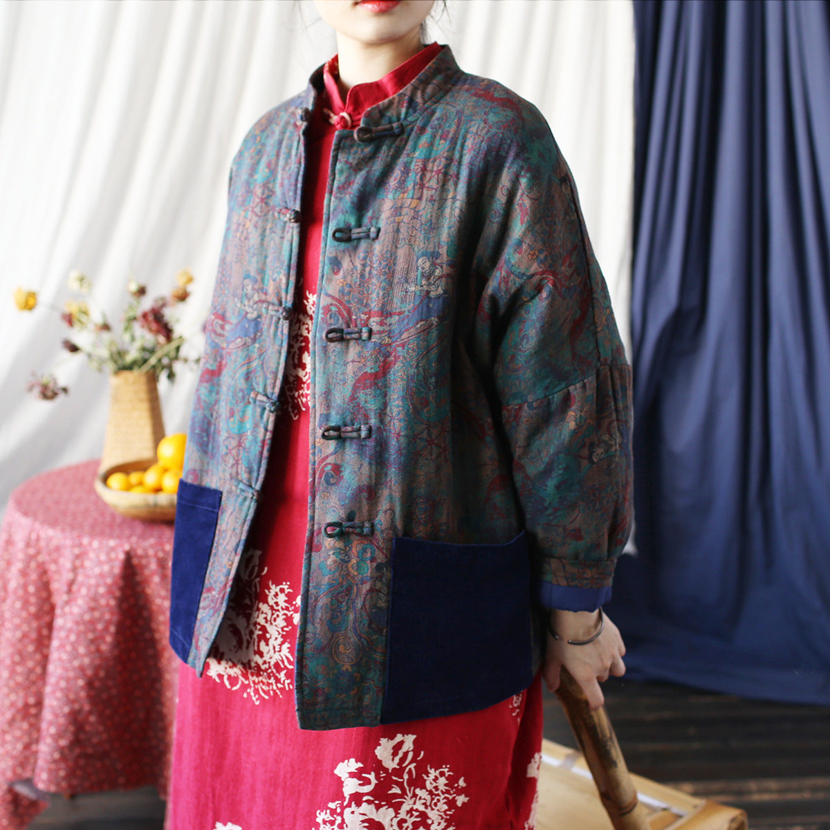 Vintage Printed Jacket, Chinese Standing Collar Cotton and Linen Jacket