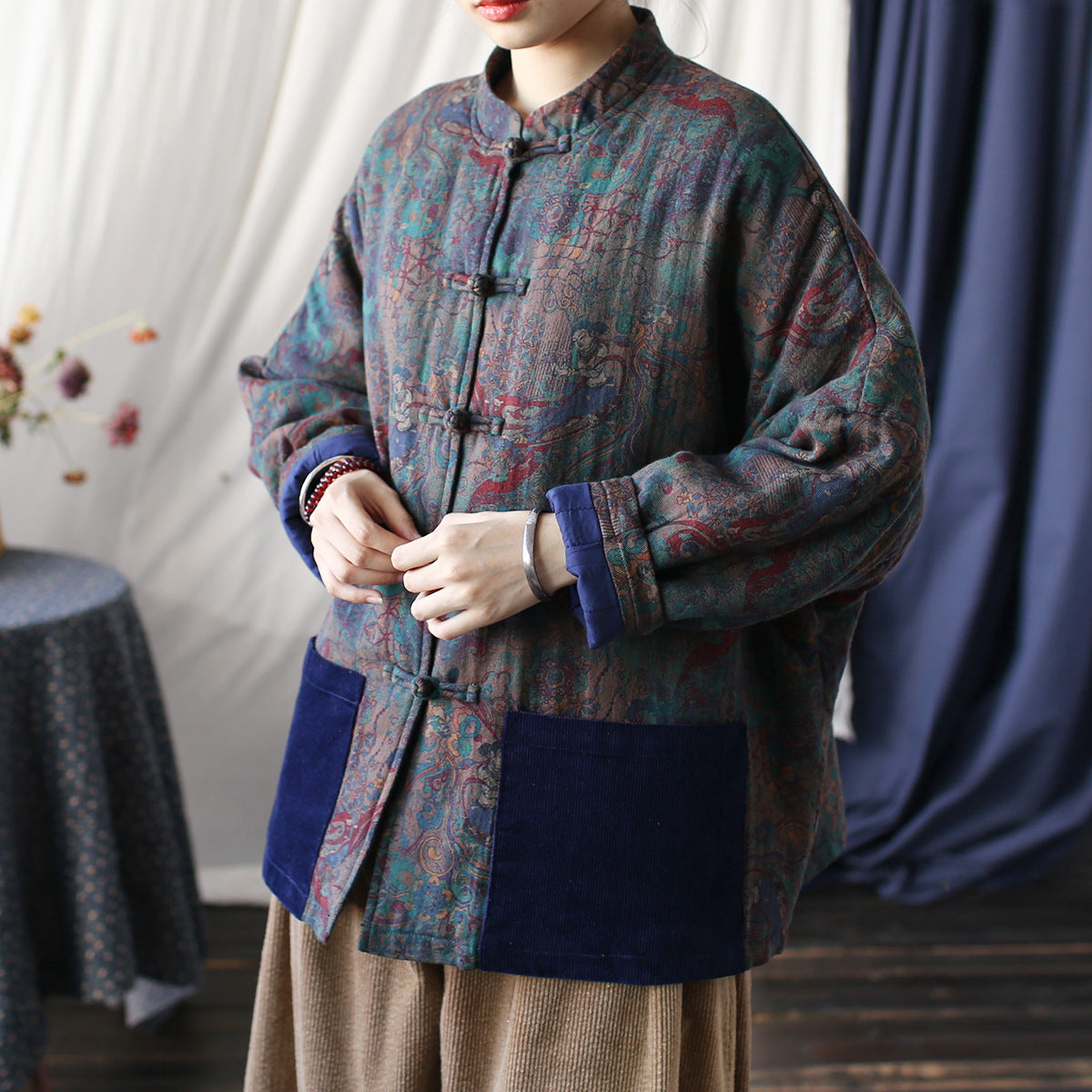 Vintage Printed Jacket, Chinese Standing Collar Cotton and Linen Jacket