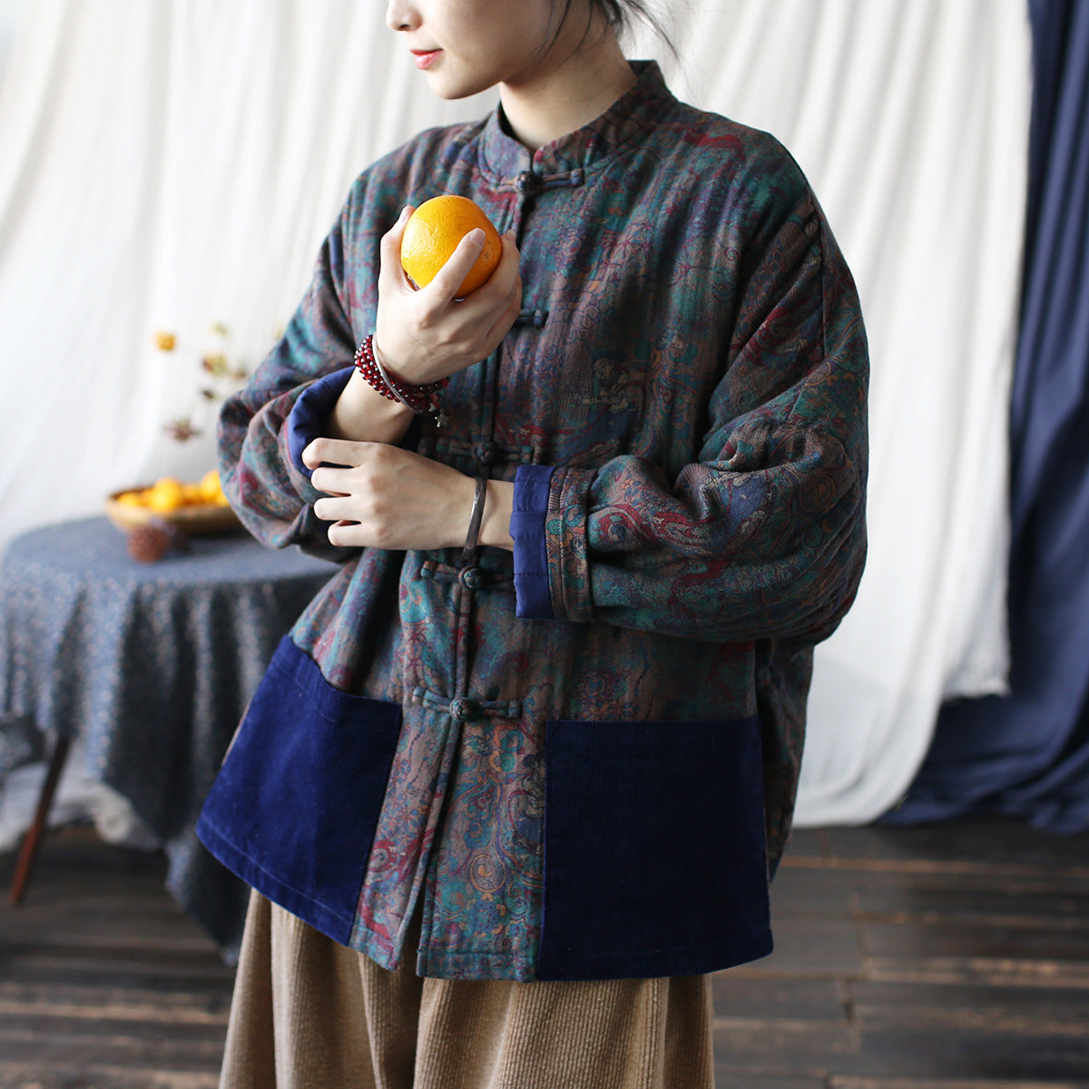 Vintage Printed Jacket, Chinese Standing Collar Cotton and Linen Jacket