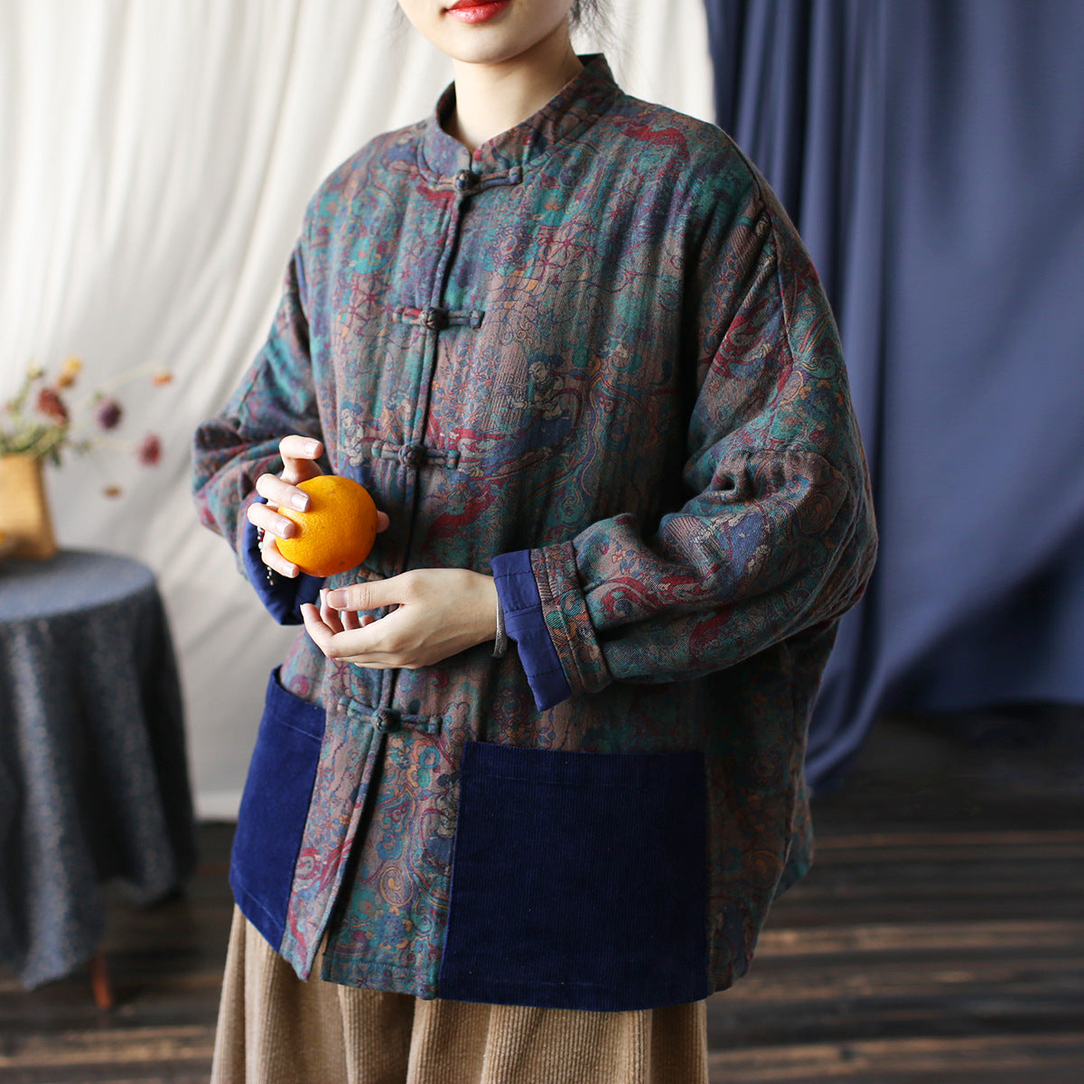 Vintage Printed Jacket, Chinese Standing Collar Cotton and Linen Jacket