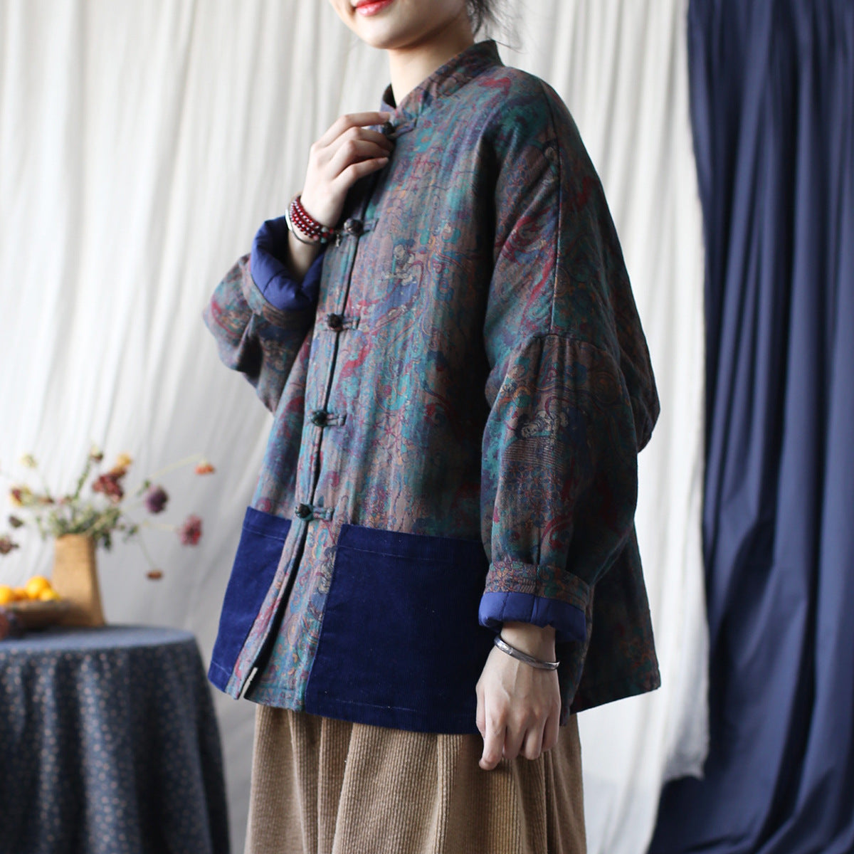 Vintage Printed Jacket, Chinese Standing Collar Cotton and Linen Jacket