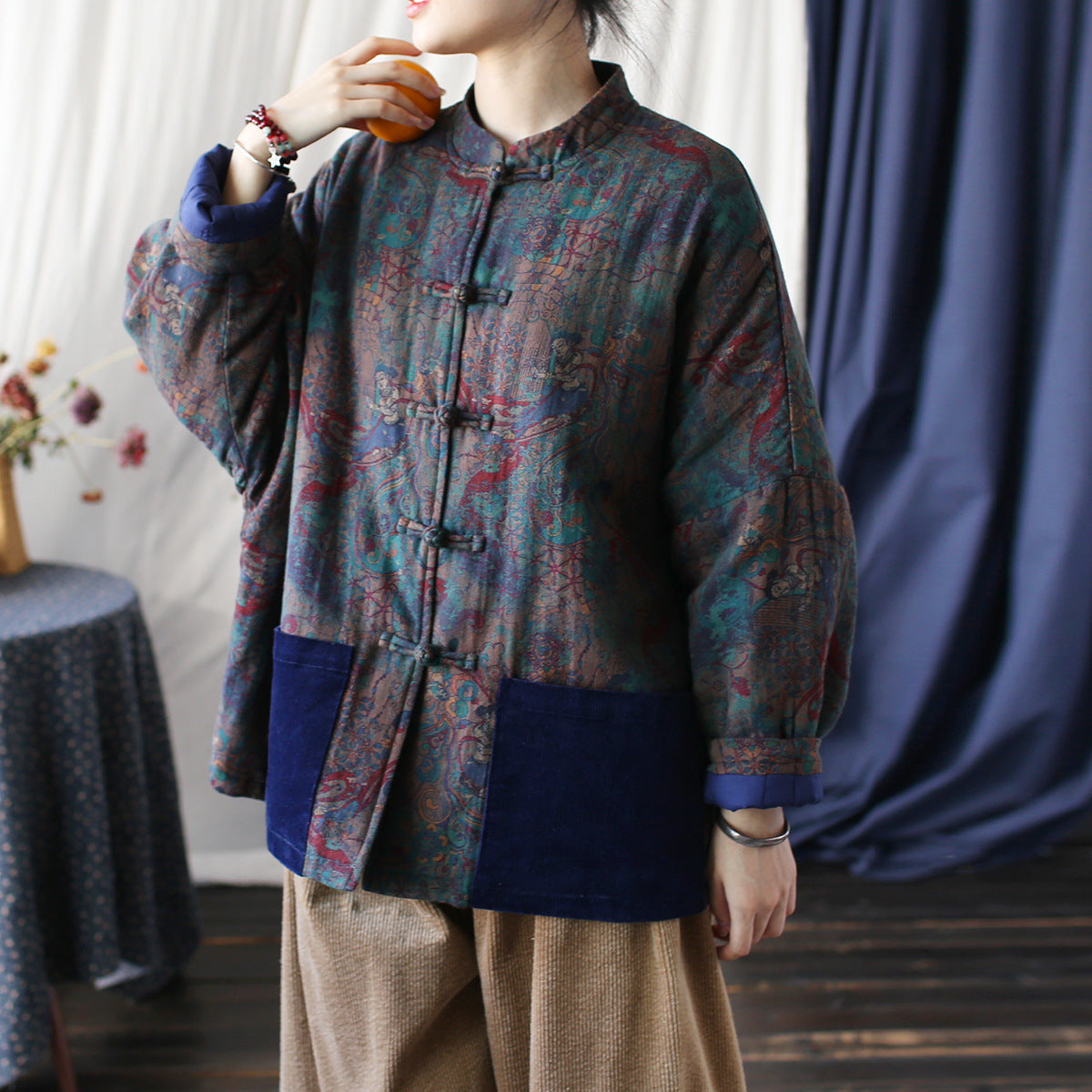 Vintage Printed Jacket, Chinese Standing Collar Cotton and Linen Jacket