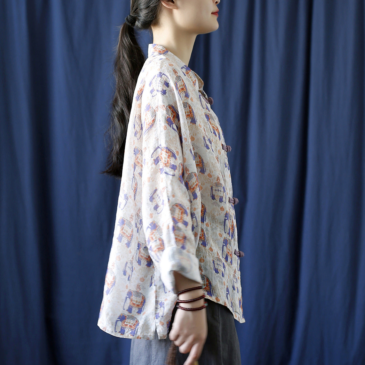 Vintage Printed Shirt, Chinese Standing Collar Cotton Linen Shirt