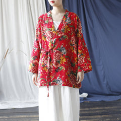 Printed Loose Printed Floral Cotton V-Neck Jacket. Red Vintage Cotton Linen Kimono