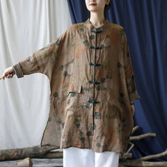 Summer Botanical Printed Linen Shirt, Vintage Chinese Standing Collar Frog Button Casual Long Shirt Plus size