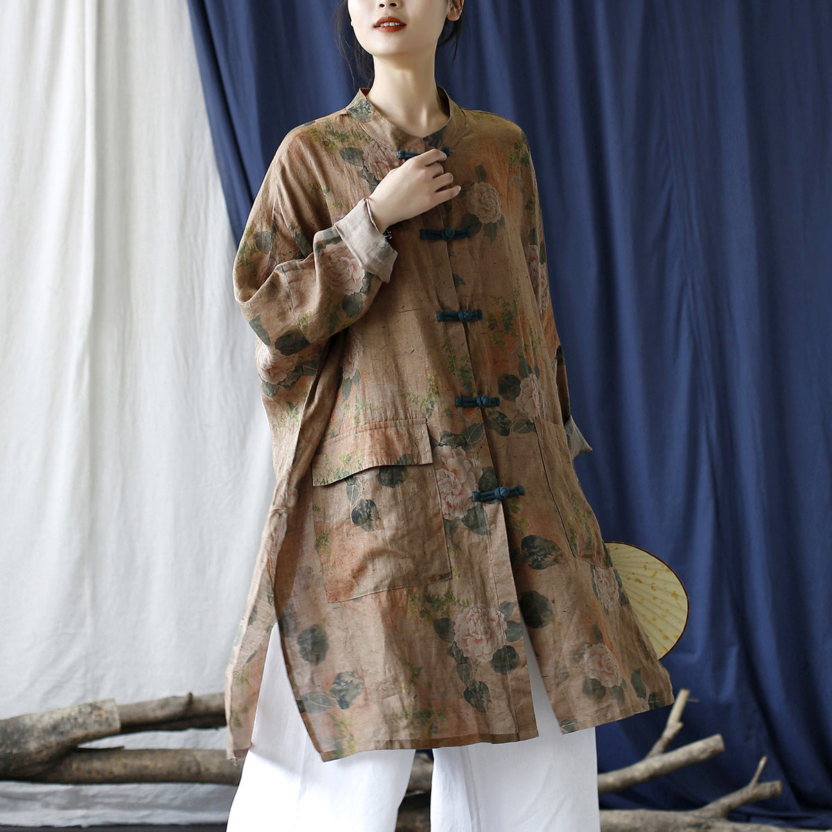 Summer Botanical Printed Linen Shirt, Vintage Chinese Standing Collar Frog Button Casual Long Shirt Plus size