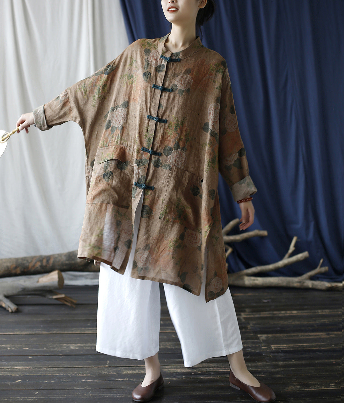 Summer Botanical Printed Linen Shirt, Vintage Chinese Standing Collar Frog Button Casual Long Shirt Plus size