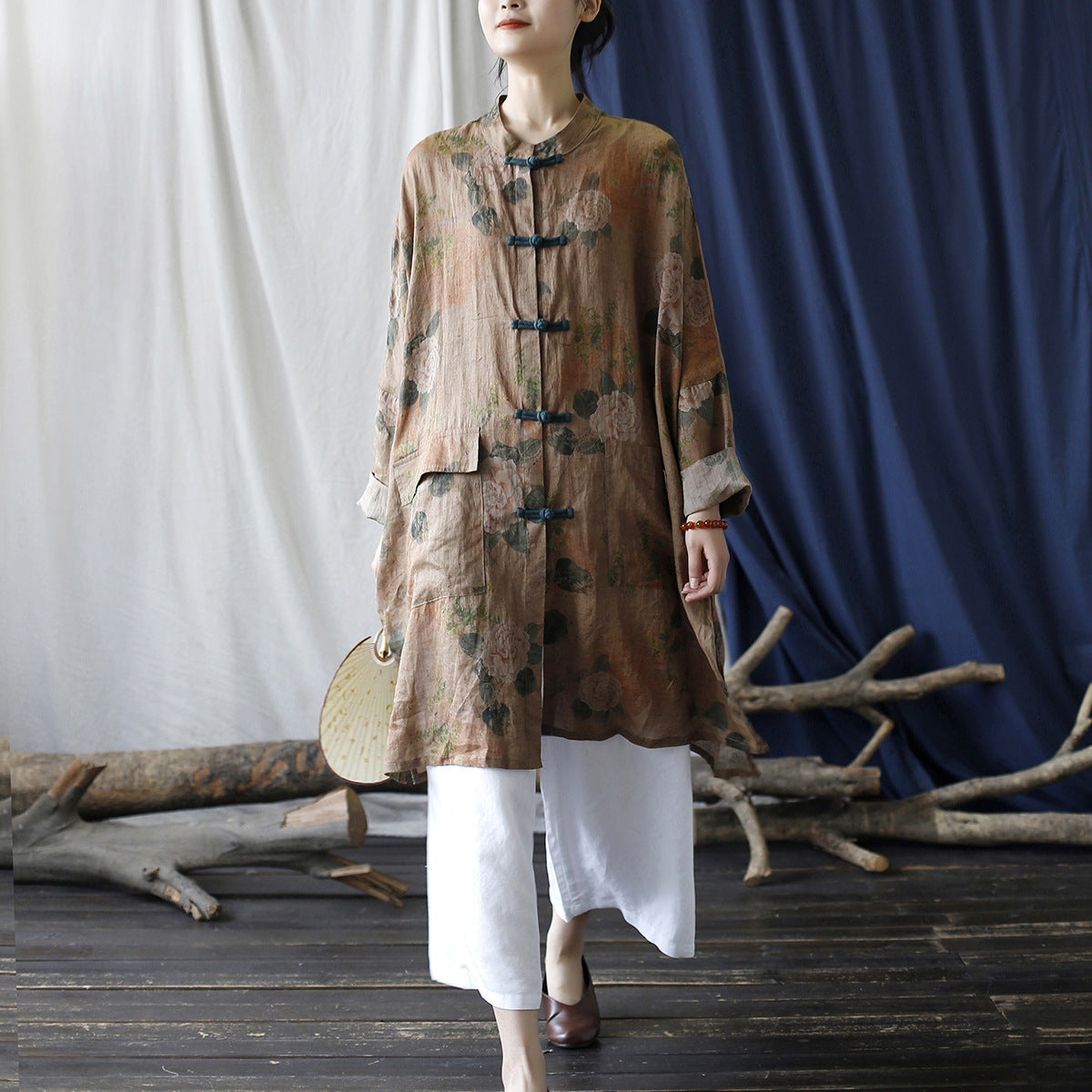 Summer Botanical Printed Linen Shirt, Vintage Chinese Standing Collar Frog Button Casual Long Shirt Plus size