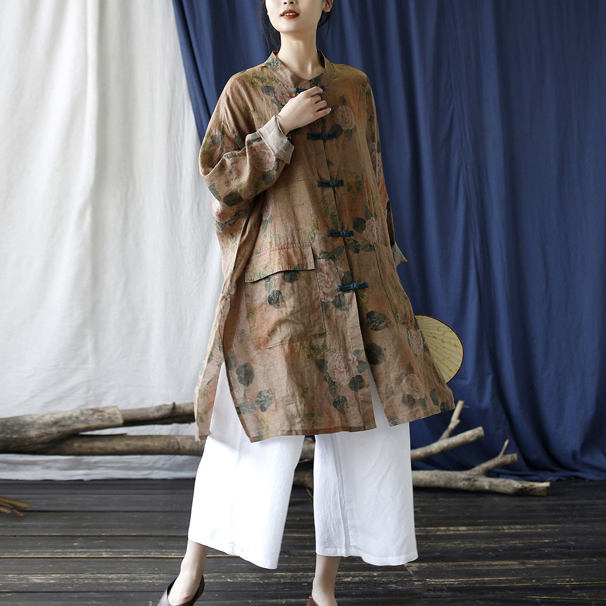 Summer Botanical Printed Linen Shirt, Vintage Chinese Standing Collar Frog Button Casual Long Shirt Plus size