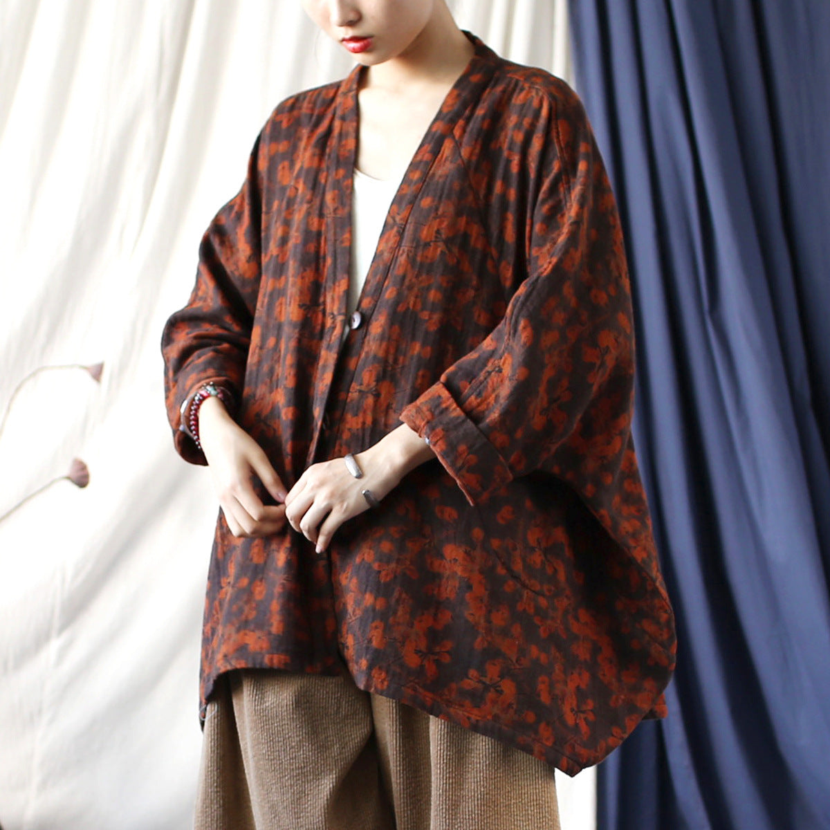 Vintage Printed Kimono, Chinese Loose Casual Cotton Linen Jacket