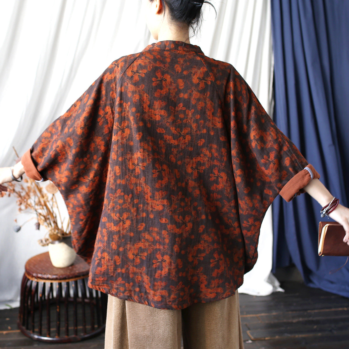 Vintage Printed Kimono, Chinese Loose Casual Cotton Linen Jacket