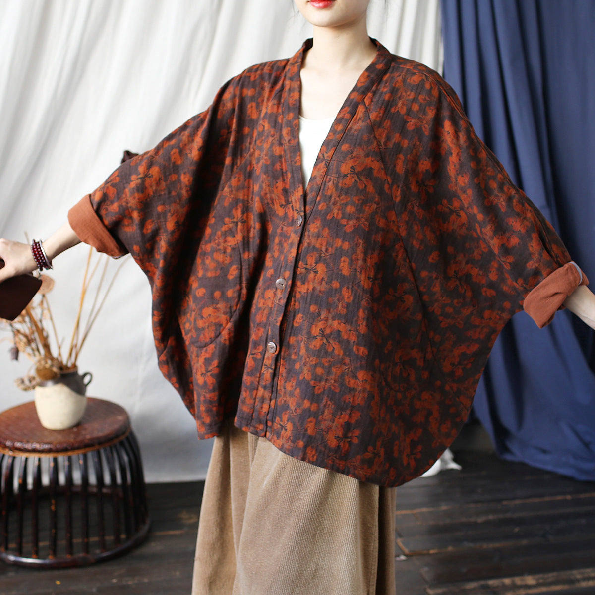 Vintage Printed Kimono, Chinese Loose Casual Cotton Linen Jacket